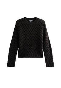 Zwarte gebreide trui met een textuurpatroon, ronde halslijn en lange mouwen. De stof lijkt dik en warm, met ribgebreide manchetten en onderrand.