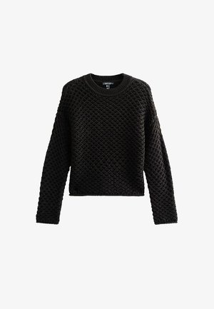 Black knit sweater with a textured pattern, round neckline, and long sleeves. The fabric appears thick and warm, with ribbed cuffs and hem.