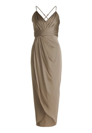 Sukienka midi w stonowanym beżowym kolorze, z drapowanym wzorem, na ramiączkach spaghetti i krzyżowanym tyłem. Wykonana z gładkiego, zwiewnego materiału.