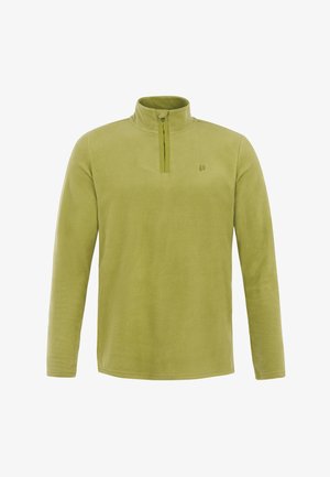 Flis pulover, maslinaste boje, s visokim ovratnikom, prednjim zatvaračem do četvrtine i dugim rukavima. Mekana tekstura s diskretnim brendiranjem.