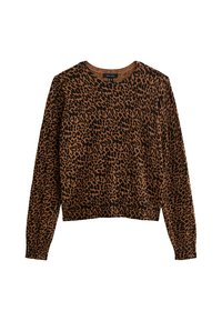 Pull marron avec un motif léopard noir. Encolure ronde classique, manches longues et taille ajustée. Texture douce et design décontracté.