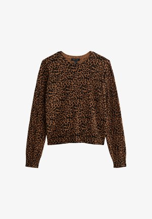 Brown sweater with a black leopard print. Classic crew neck, long sleeves, and a fitted waistband. Soft texture and casual design.