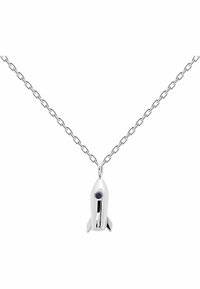 Pendente a forma di razzo in argento su una collana a catena, con un accento di pietra blu. Texture liscia con una finitura lucida.