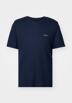 T-shirt de manga curta azul-marinho, feito de algodão, com uma textura canelada e um pequeno logotipo branco "BOSS" na área do peito esquerdo.
