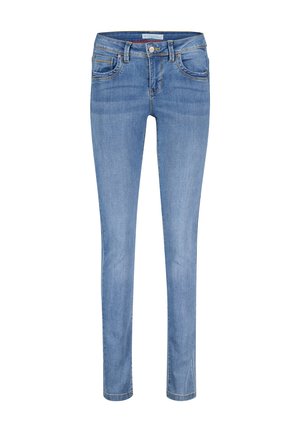 Skinny Jeans aus hellblauem Denim mit mittelhohem Bund, Fünf-Taschen-Design und dezenten Ausbleichungen. Glatte Textur mit standartmäßigen Nähdetails.