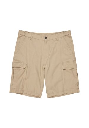 Beige Cargo-Shorts aus leichtem Stoff, mit Seitentaschen, Knopfverschluss und lockerer Passform. Glatte Textur und gestickte Details.
