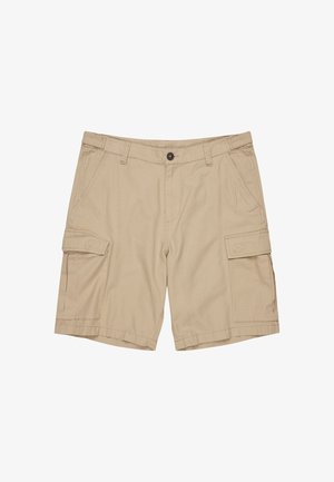 Pantaloni cargo beige realizzati in tessuto leggero, con tasche laterali, chiusura con bottone e vestibilità rilassata. Texture liscia e dettagli cuciti.