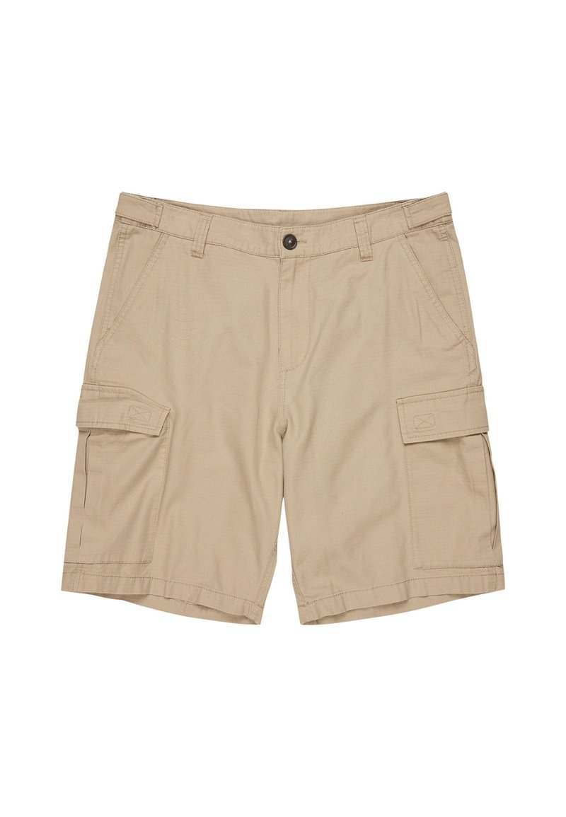 Shorts cargo beiges en tissu léger, dotés de poches latérales, d'une fermeture à bouton et d'une coupe décontractée. Texture lisse et détails cousus.