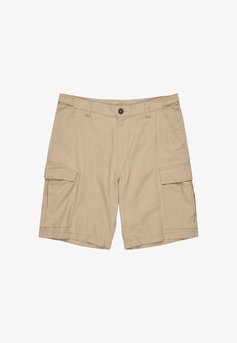 Shorts cargo beiges en tissu léger, dotés de poches latérales, d'une fermeture à bouton et d'une coupe décontractée. Texture lisse et détails cousus.
