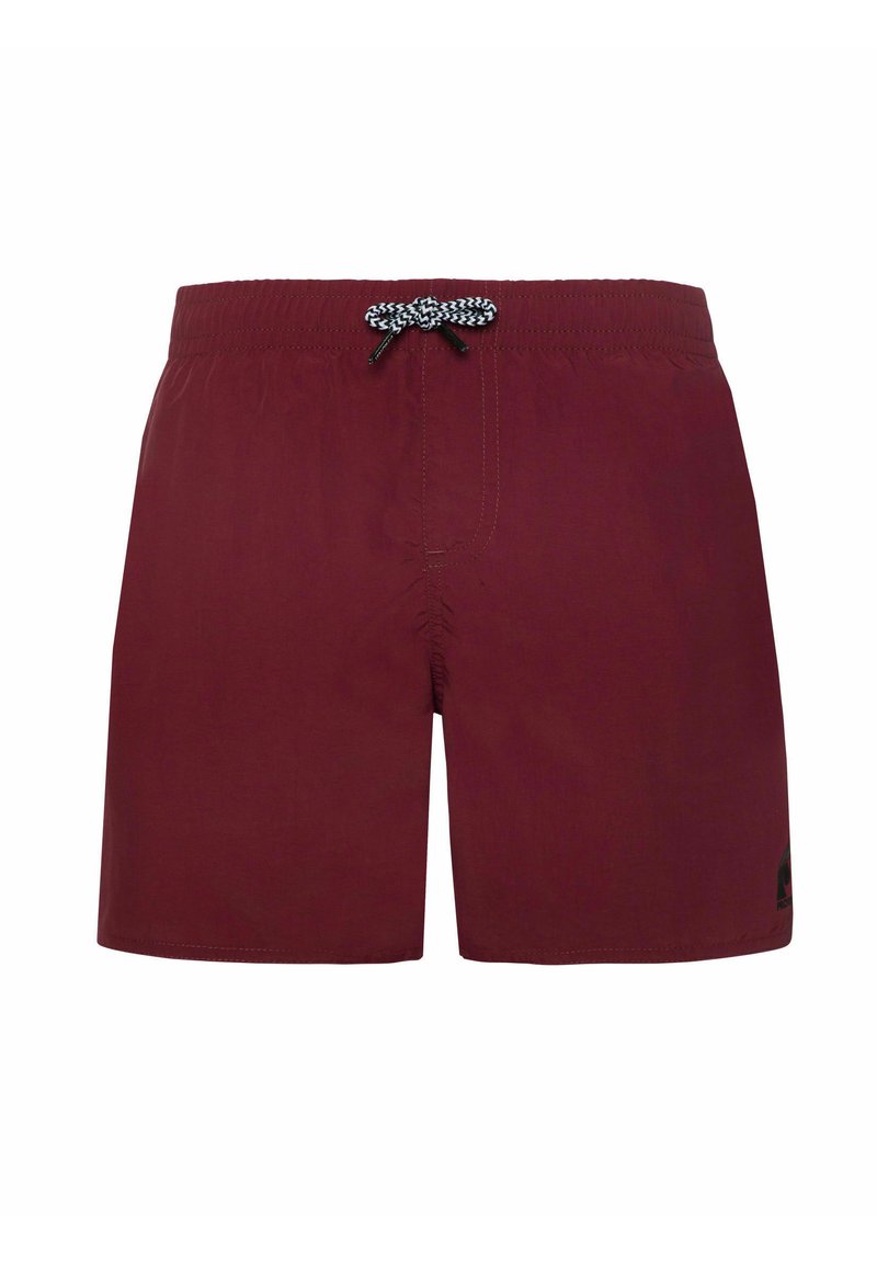 Pantaloni da bagno bordeaux realizzati in tessuto leggero, con vita elastica, cordoncino nero e un accento del logo nero sull'orlo.
