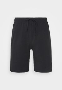 Sorte shorts lavet af blødt stof, med elastisk talje og snor, i mid-lår længde, og uden synlige mønstre eller detaljer.