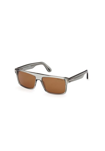 Ochelari de soare din acetat gri cu lentile maro. Formă pătrată, accente metalice subtile pe armă, ușori și cu un design elegant.