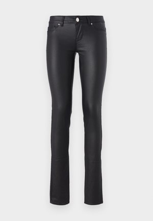 Black faux leather skinny jeans featuring a smooth texture, mid-rise waist, five-pocket design, and silver hardware accents.