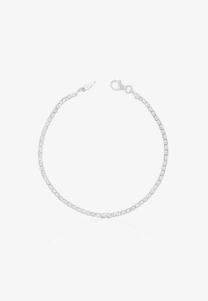 Bracciale in catena argentata con forme ovali e rettangolari collegate, dotato di chiusura a gancio. Finitura in metallo liscia e lucida.