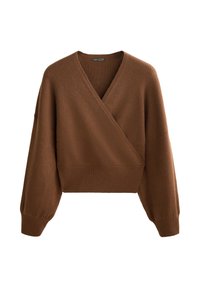 Pulover scurt, maro, cu dungi, cu un design înfășurat, mâneci largi și un finisaj texturat. Prezintă un guler rotund și o margine ribbată.