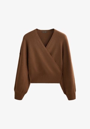 Pull cropped marron à côtes avec un design enroulé, des manches larges et une finition texturée. Il possède un col rond et un ourlet à côtes.