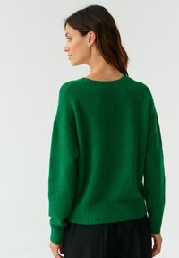 Groene gebreide trui met een relaxte pasvorm, ronde hals, geribbelde mouwen en zoom. Zachte textuur, van achteren weergegeven, in combinatie met een donkere broek.
