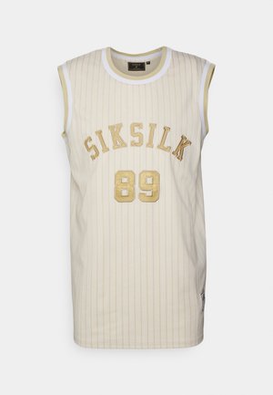 Maillot de sport beige sans manches avec fines rayures verticales, bordure blanche et texte doré "SIKSILK" ainsi que le numéro "89" à l'avant.