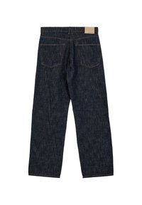 Jeans in denim blu scuro con un design a gamba dritta, dotati di due tasche posteriori, una trama sottile e un'etichetta in pelle in vita.