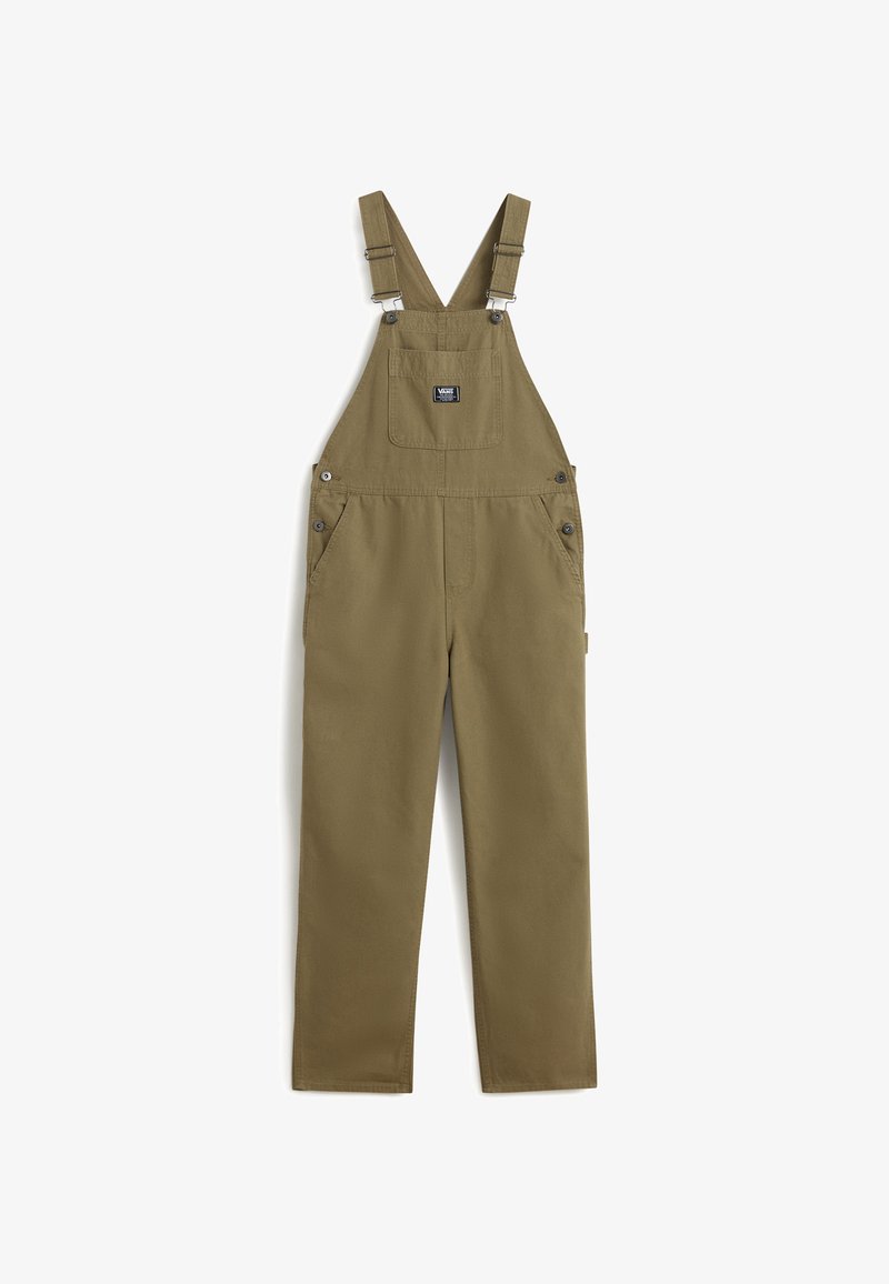 Olive green cotton overalls with adjustable shoulder straps, front pockets, and metal hardware. Features a patch logo on the chest.