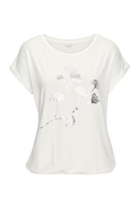 Witte korte mouwen top in zachte stof, met een zilveren bladerenpatroon gedrukt op de voorkant, ronde halslijn en een comfortabele pasvorm.