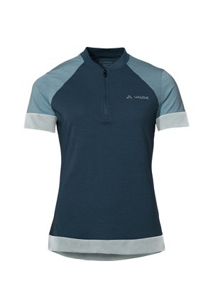 Kurzärmliges Radtrikot in Dunkelblau mit hellblauen Akzenten. Verfügt über einen Halb-zip-Kragen und kontrastierende Bündchen an Ärmeln und Saum.