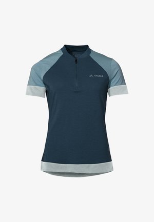 Kurzärmliges Radtrikot in Dunkelblau mit hellblauen Akzenten. Verfügt über einen Halb-zip-Kragen und kontrastierende Bündchen an Ärmeln und Saum.