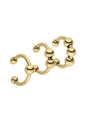 Ring in Goldton mit geschwungenem Design und kugelförmigen Akzenten. Besteht aus drei verbundenen Abschnitten, glatter Oberfläche und polierter Textur.