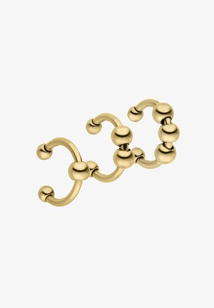 Gouden ring met een gebogen ontwerp en bolvormige accenten. Bestaat uit drie verbonden delen, met een gladde afwerking en een gepolijste textuur.