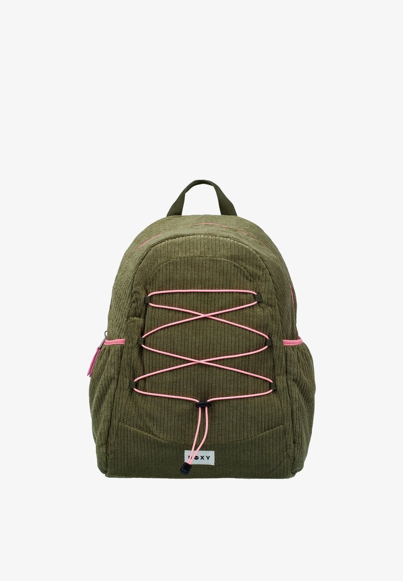 Green corduroy backpack with pink elastic front laces, pink zipper accents, side pockets, and a small white brand label at the bottom.