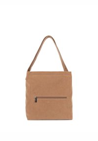 Borsa a tracolla in morbido camoscio color nocciola, con forma rettangolare e due spallacci. Dotata di una tasca frontale con cerniera per una funzionalità aggiuntiva.