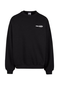 Black sweatshirt made of cotton blend, featuring a crew neck, long sleeves, ribbed cuffs, and white "KARL KANI" logo on the front.