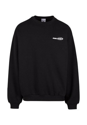 Black sweatshirt made of cotton blend, featuring a crew neck, long sleeves, ribbed cuffs, and white "KARL KANI" logo on the front.