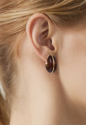 Primer plano de una oreja con un pendiente corto, curvado y de color marrón oscuro que presenta un delgado acento vertical dorado.