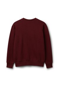 Felpa a maniche lunghe color marrone scuro con girocollo, dotata di polsini e orlo a coste, mostrata da dietro su uno sfondo bianco.