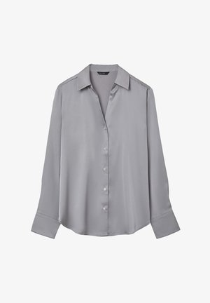 Graue Seidenbluse mit langen Ärmeln, spitzen Kragen und Knopfleiste. Glatte Textur mit einem dezenten Schimmer. Abgerundeter Saum.