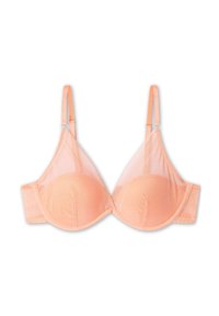 Soutien-gorge couleur pêche avec bonnets moulés, panneaux latéraux en mesh transparent, texture à pois, bretelles réglables et fermeture au dos par crochets et œillets.
