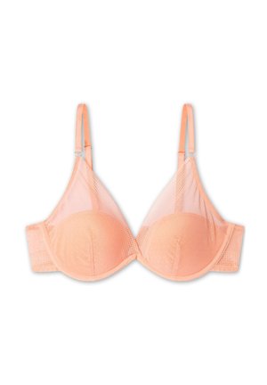 Peach-colored bra with molded cups, sheer mesh side panels, dotted texture, adjustable straps, and hook-and-eye back closure.