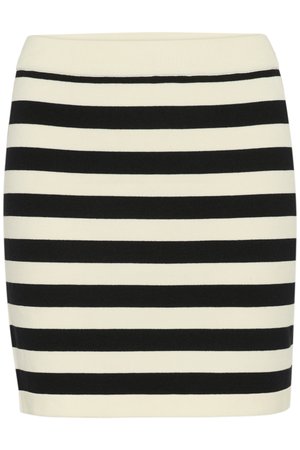 Svart og kremstripet strikket skjørt, tettsittende fasong, med ribbestrikket liv. Horisontale striper alternerer i bredde for visuell tekstur.