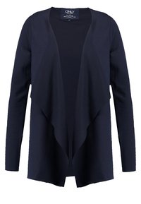 Cardigan blu navy con design a drappeggio, maniche lunghe e tessuto morbido, senza chiusure né decorazioni.