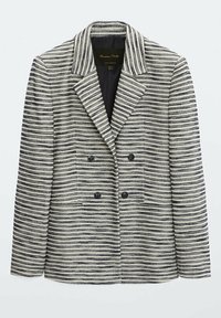 Dubbelt knäppt kavaj med svart och vit horisontell rand, slagkrage, fyra knappar och två framfickor.