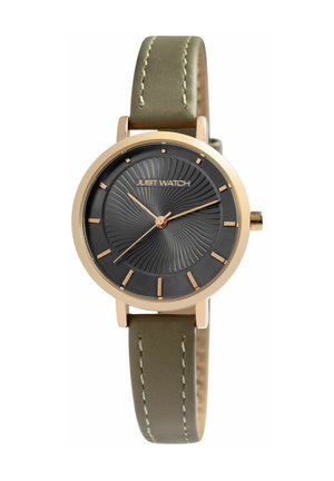 Runder schwarzer Ziffernblatt mit goldenen Markierungen und Zeigern, "Just Watch" Logo, goldenes Gehäuse und olivgrünes Lederarmband mit weißen Nähten.