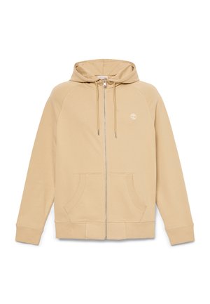 Beige full-zip hoodie with front pockets, drawstring hood, ribbed cuffs, and small white tree logo on the left chest.