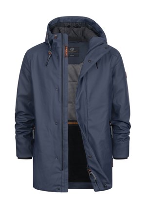 Marine vanntett jakke med hette, trykknapper og glidelåslommer. Har en myk innerfôr og pustende mesh-paneler.