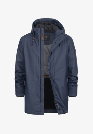 Marine vanntett jakke med hette, trykknapper og glidelåslommer. Har en myk innerfôr og pustende mesh-paneler.