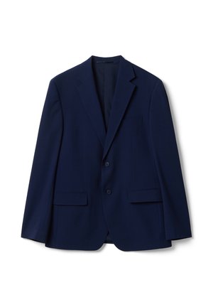 Blazer blu navy monopetto con due bottoni, rever a incavo e tasche con patta, mostrato su sfondo bianco semplice.