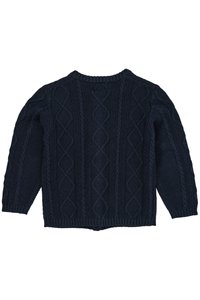 Suéter de punto azul marino con un patrón de cables texturizados, cuello redondo y puños y dobladillo de canalé. Tiene un corte holgado y está hecho de un material suave.