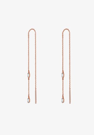 Rose gold chain earrings featuring elongated links, small rectangular accents, and tapered ends, showcasing a sleek, minimal design.