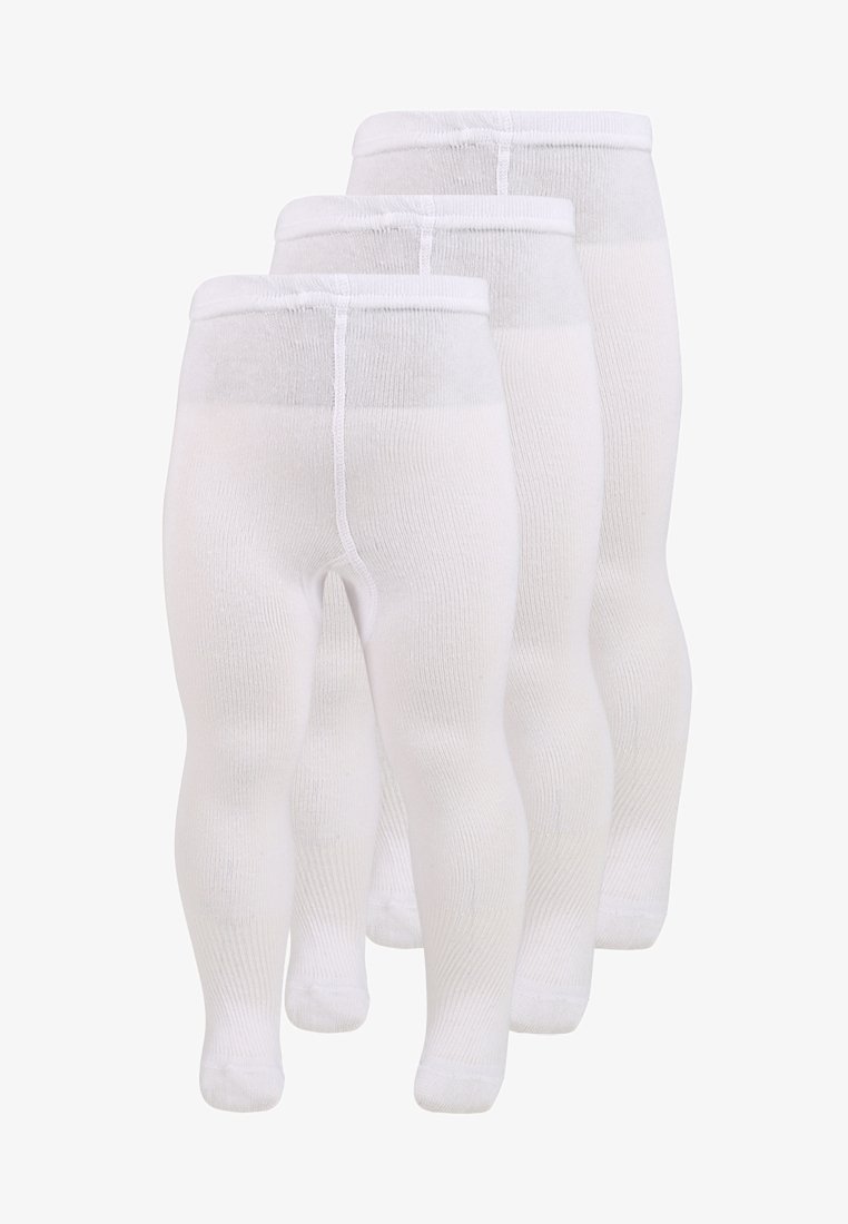 Ensemble de trois leggings en coton blanc, présentant une texture côtelée, une taille élastique et une finition lisse sans motifs ni accents.