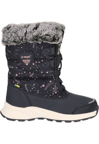 Marineblauer Schneestiefel mit einem Kunstfellbund, ausgestattet mit einem Sternenmuster, Schnürsystem und wasserdichtem Etikett. Robuste weiße Sohle für besseren Halt.